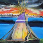 painting of colorful tipi at sunrise