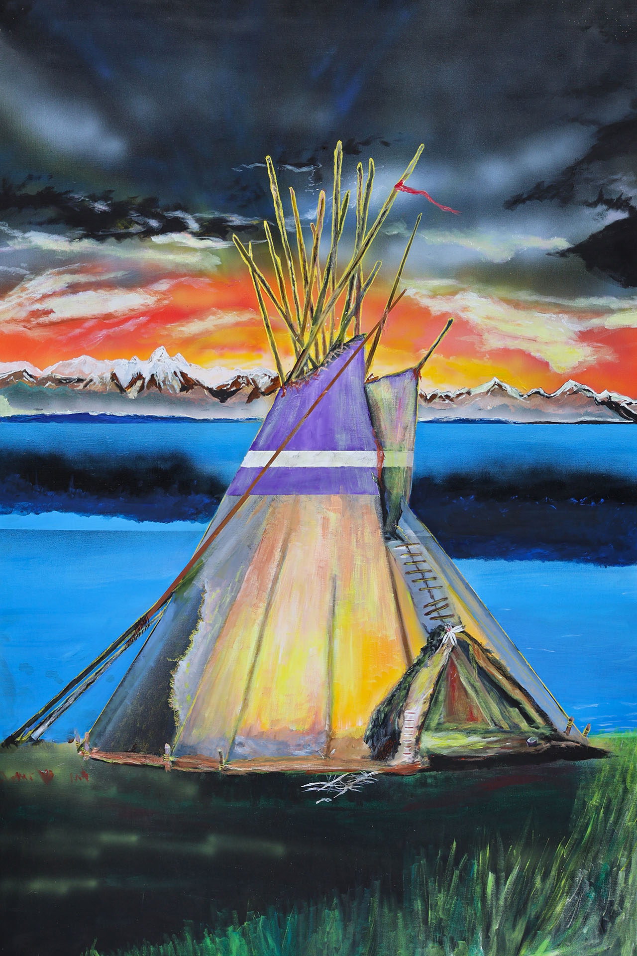 painting of colorful tipi at sunrise