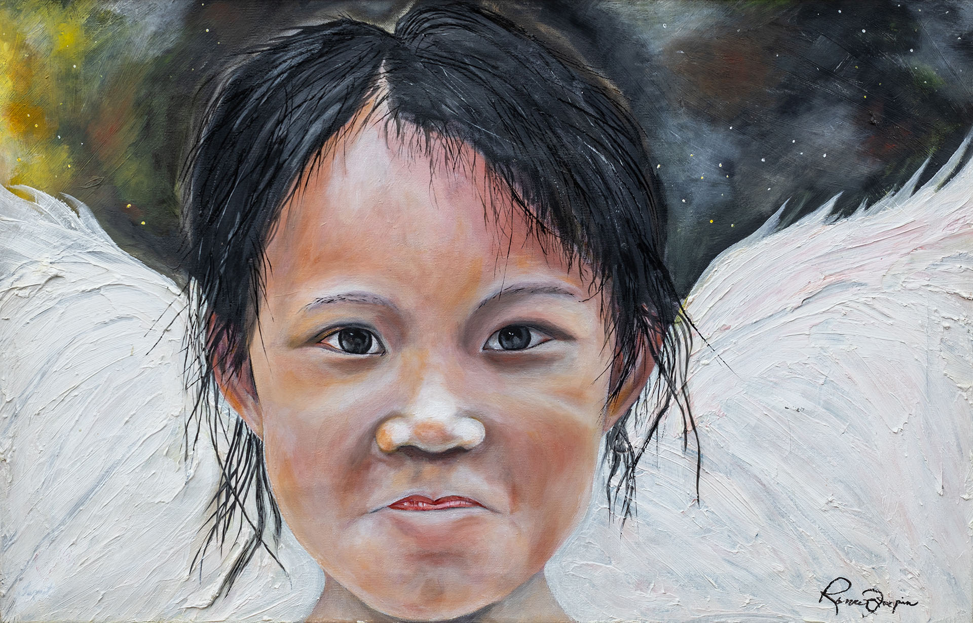 painting of a small girls portrait with wings