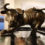 front view of bronze bull statue