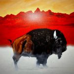painting of red mountains and a buffalo