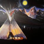 painting of a tipi at night in front of mountains