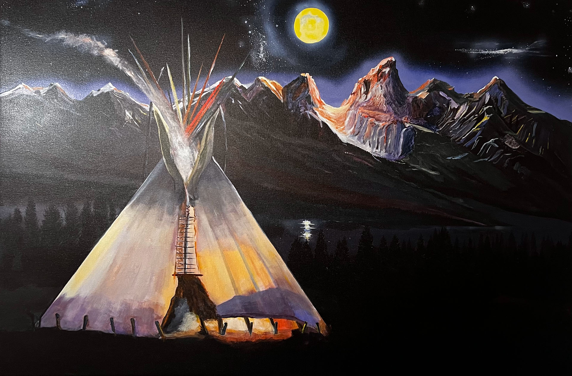 painting of a tipi at night in front of mountains