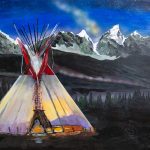 painting of tipi with mountain in the background
