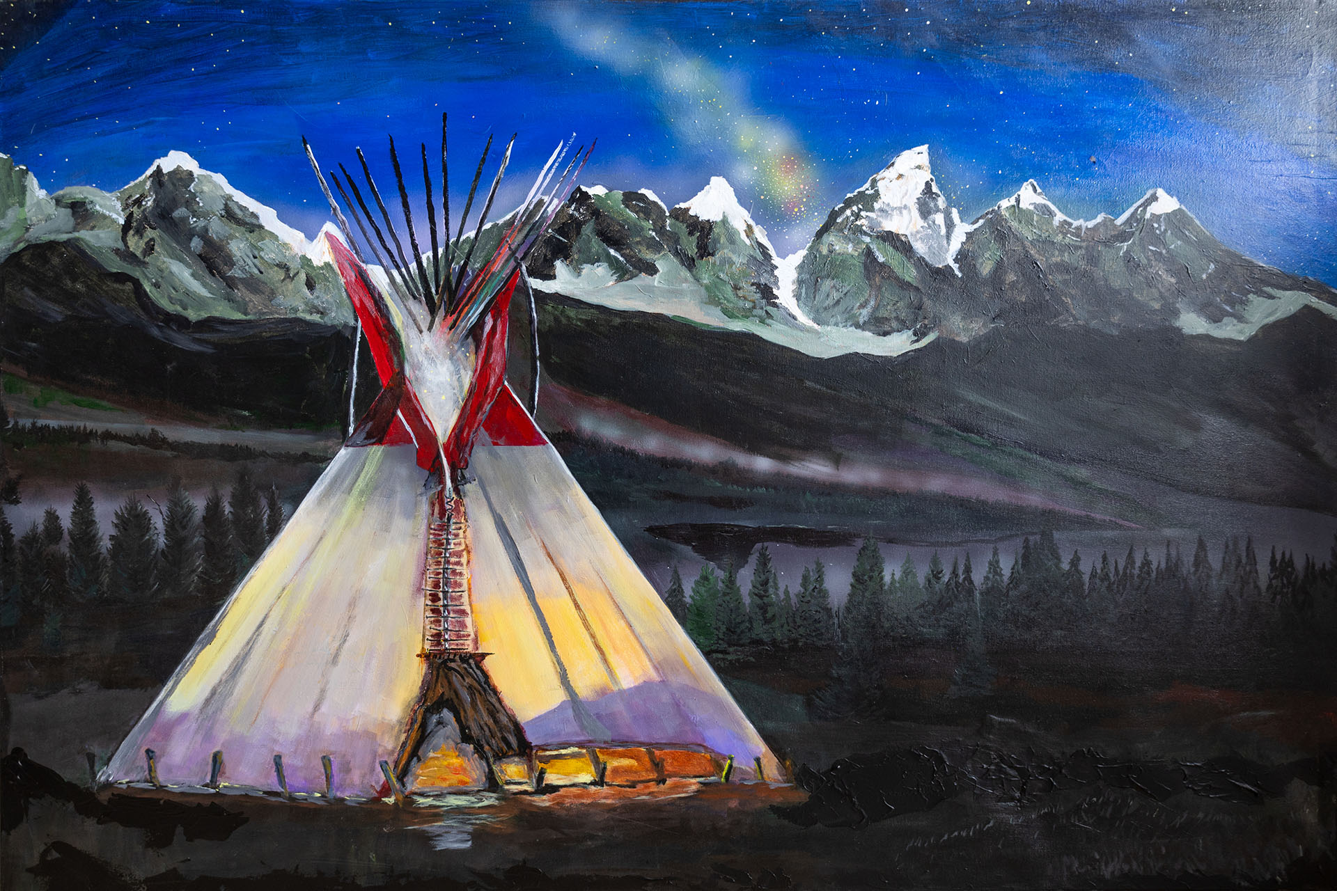 painting of tipi with mountain in the background
